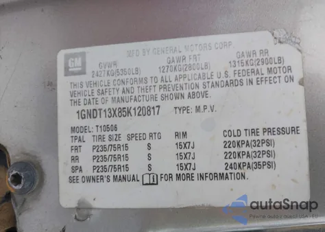 2005 Chevrolet Blazer Ls из США, поврежденный, VIN 1GNDT13X85K120817